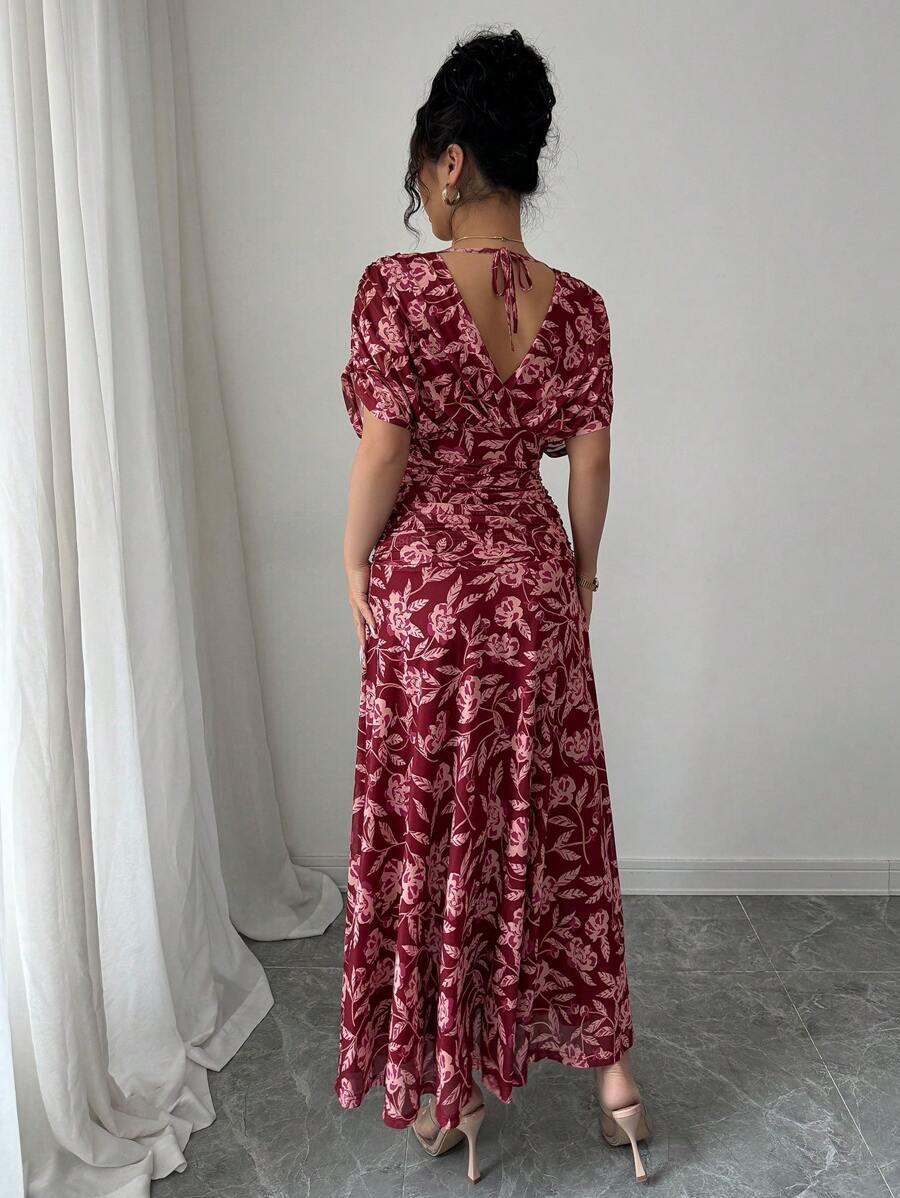 Elenzga Women's Elegant French Style Vacation Loose V-Neck Drop Shoulder Ruched A-Line Maxi Dress, Suitable For Beach, Afternoon Tea, Party