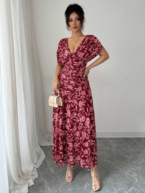 Elenzga Women's Elegant French Style Vacation Loose V-Neck Drop Shoulder Ruched A-Line Maxi Dress, Suitable For Beach, Afternoon Tea, Party