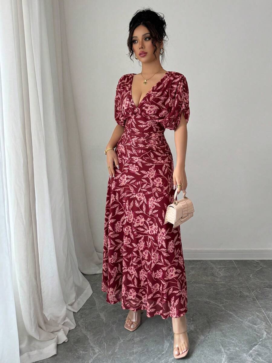 Elenzga Women's Elegant French Style Vacation Loose V-Neck Drop Shoulder Ruched A-Line Maxi Dress, Suitable For Beach, Afternoon Tea, Party