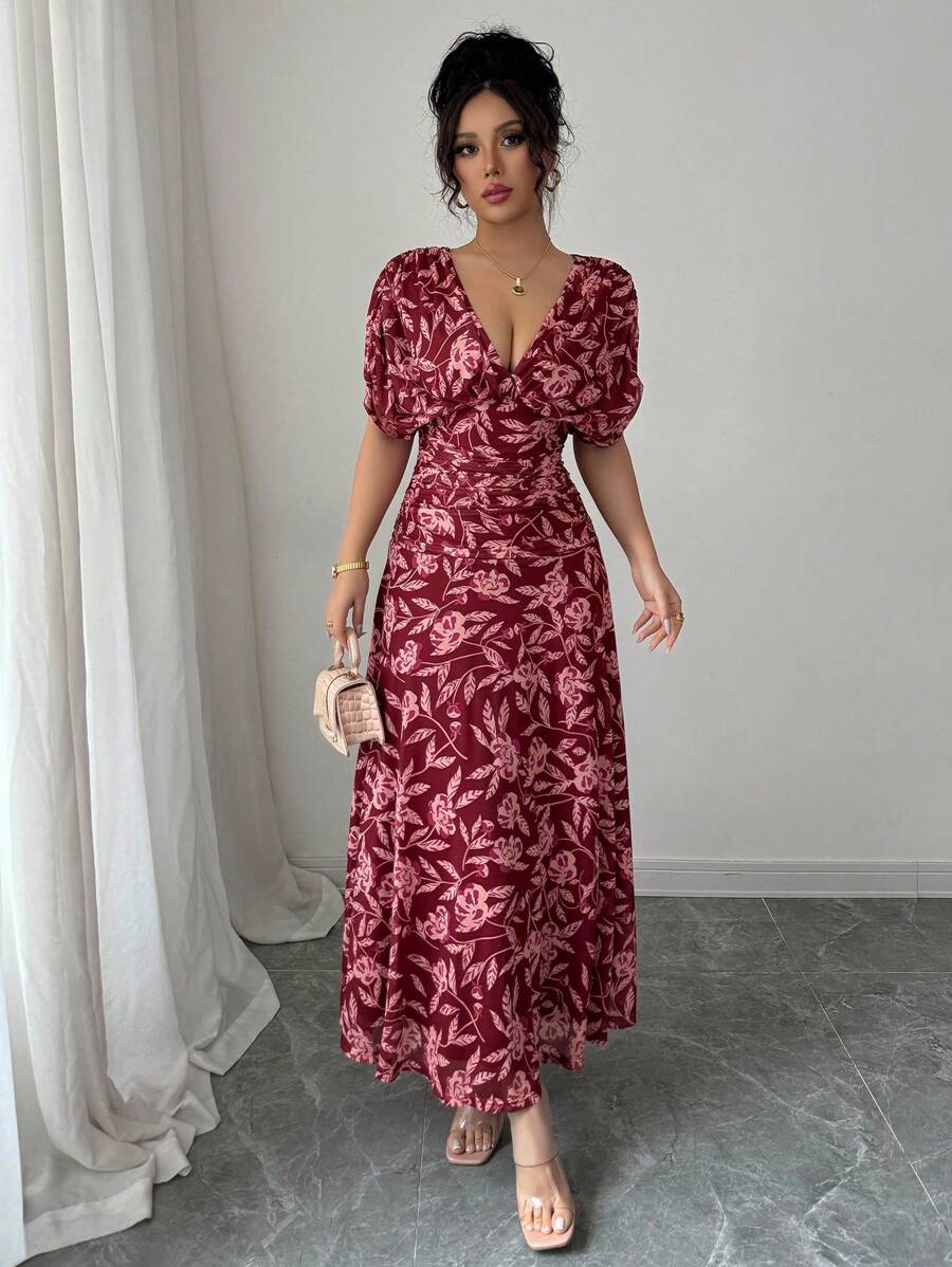Elenzga Women's Elegant French Style Vacation Loose V-Neck Drop Shoulder Ruched A-Line Maxi Dress, Suitable For Beach, Afternoon Tea, Party