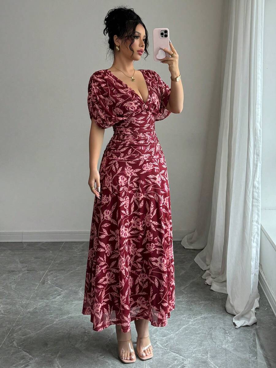 Elenzga Women's Elegant French Style Vacation Loose V-Neck Drop Shoulder Ruched A-Line Maxi Dress, Suitable For Beach, Afternoon Tea, Party