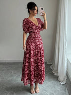 Elenzga Women's Elegant French Style Vacation Loose V-Neck Drop Shoulder Ruched A-Line Maxi Dress, Suitable For Beach, Afternoon Tea, Party