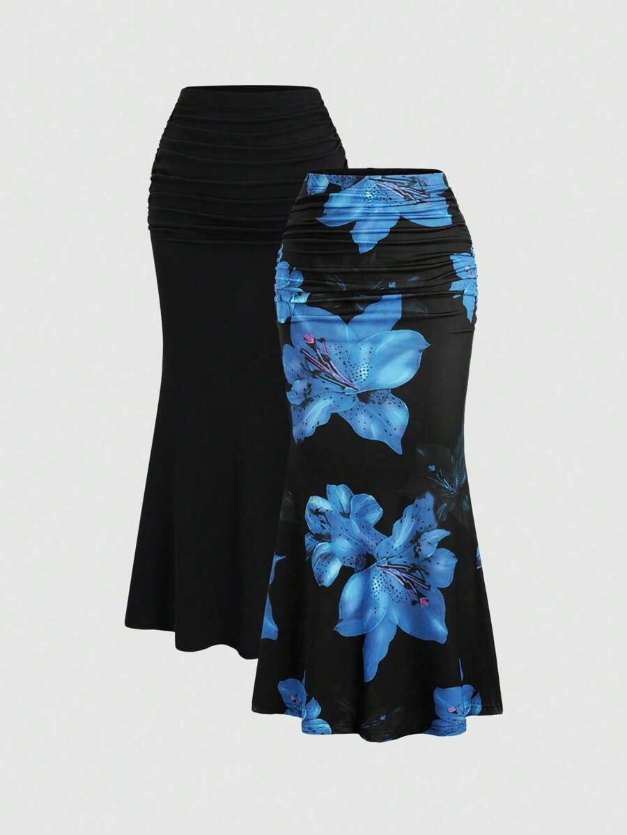 Sweetra 2pcs Women's Elegant Party Solid Color Mermaid Skirt And Floral Print Skirt Set Fall Cloth For Women