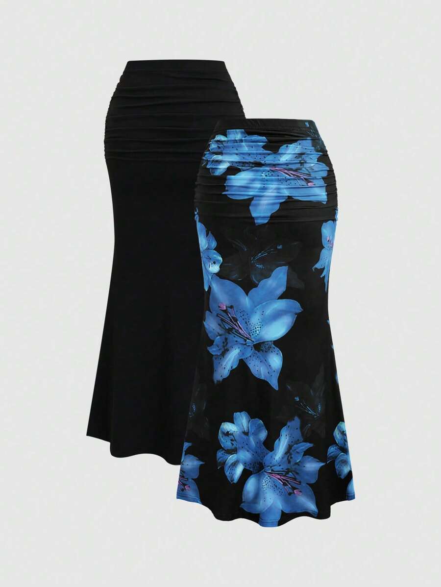 Sweetra 2pcs Women's Elegant Party Solid Color Mermaid Skirt And Floral Print Skirt Set Fall Cloth For Women
