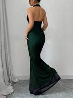 Rafferiza Elegant Bodycon Fishtail Hem V-Neck Waist Pleated Knit Mesh With Rose Red Lining Long Dress For Women, Autumn/Winter Fall Cloth For Women