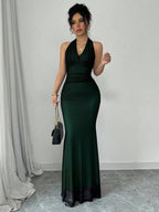 Rafferiza Elegant Bodycon Fishtail Hem V-Neck Waist Pleated Knit Mesh With Rose Red Lining Long Dress For Women, Autumn/Winter Fall Cloth For Women