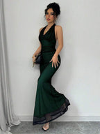Rafferiza Elegant Bodycon Fishtail Hem V-Neck Waist Pleated Knit Mesh With Rose Red Lining Long Dress For Women, Autumn/Winter Fall Cloth For Women