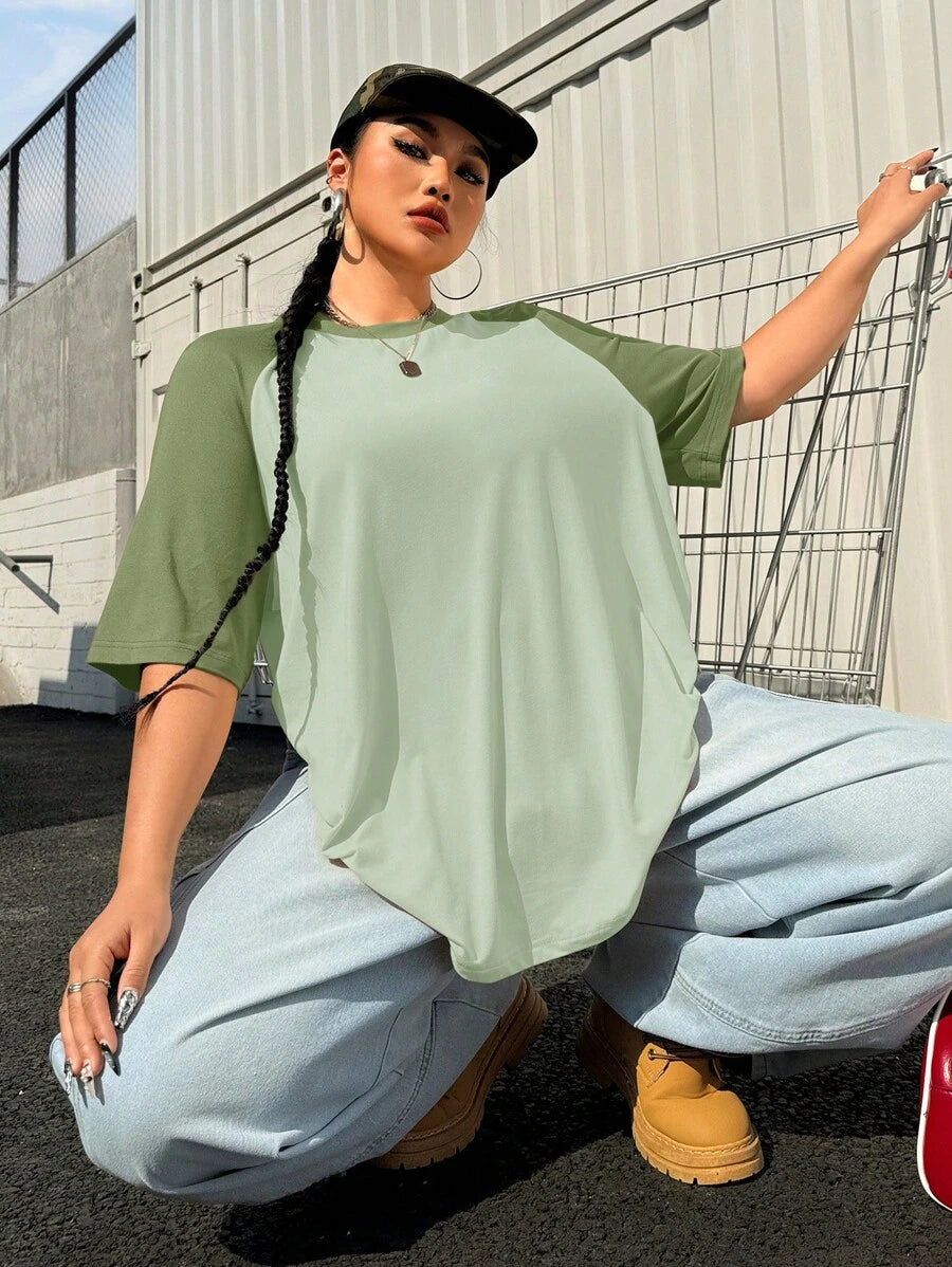 SHEIN EZwear Plus Size Summer Basic Casual Raglan Sleeve Short Sleeve Loose T-Shirt