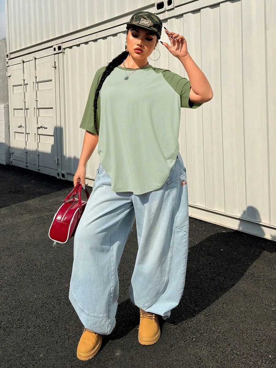 SHEIN EZwear Plus Size Summer Basic Casual Raglan Sleeve Short Sleeve Loose T-Shirt