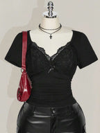 SHEIN ICON Plus Size V-Neck Lace Patchwork Waist Ruched Fitted Knit Top, Sexy T-Shirt For Spring/Summer, Wedding Guest Top