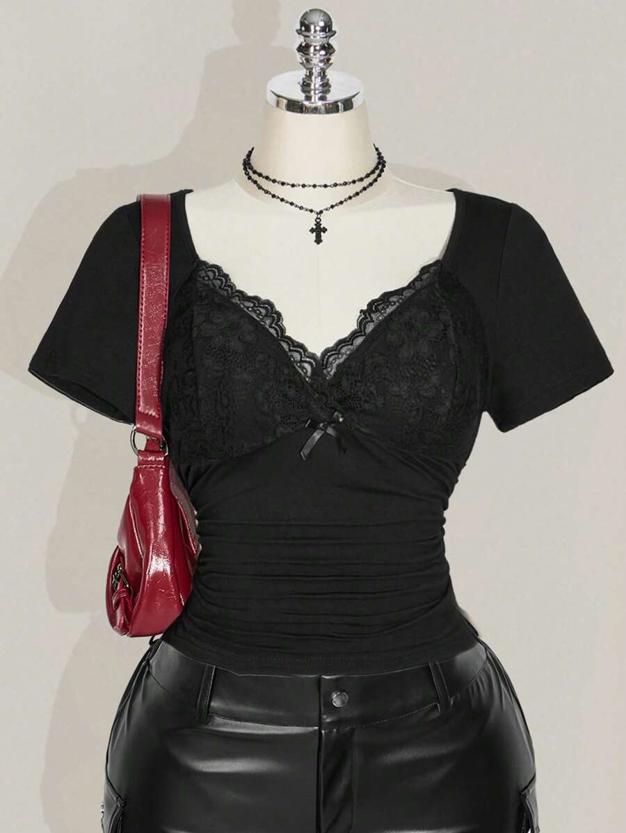 SHEIN ICON Plus Size V-Neck Lace Patchwork Waist Ruched Fitted Knit Top, Sexy T-Shirt For Spring/Summer, Wedding Guest Top