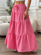 MainGRL Women Solid Color High Waist Tie Ruffled Hem Maxi Skirt