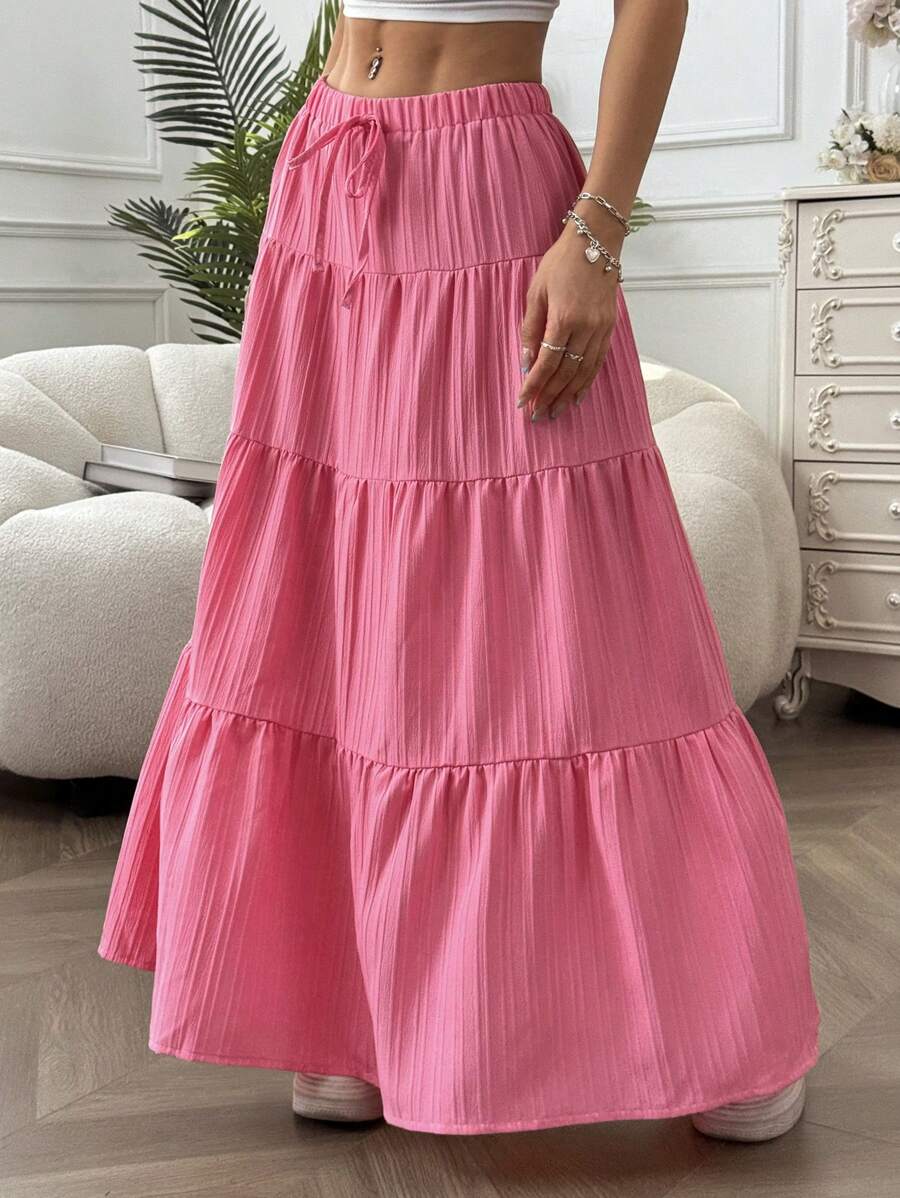 MainGRL Women Solid Color High Waist Tie Ruffled Hem Maxi Skirt