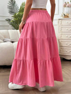 MainGRL Women Solid Color High Waist Tie Ruffled Hem Maxi Skirt