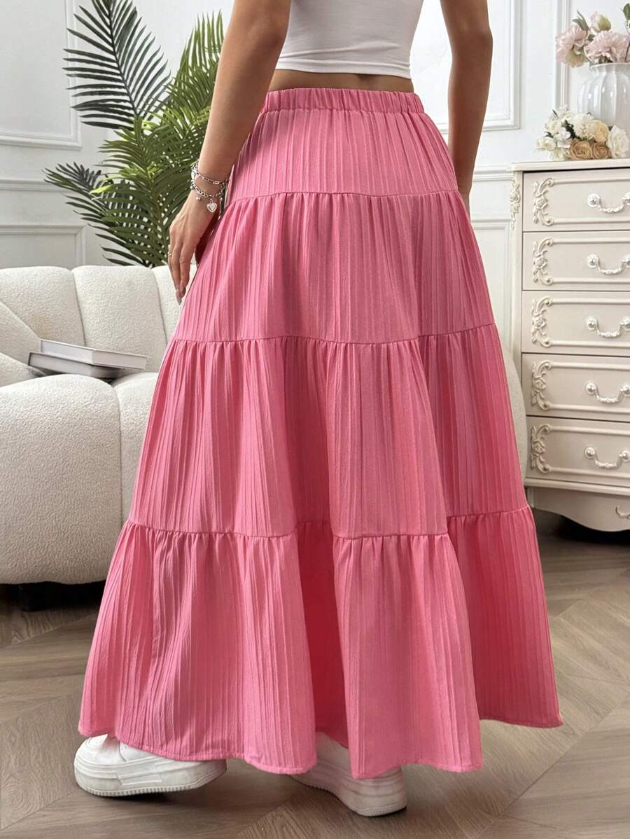 MainGRL Women Solid Color High Waist Tie Ruffled Hem Maxi Skirt