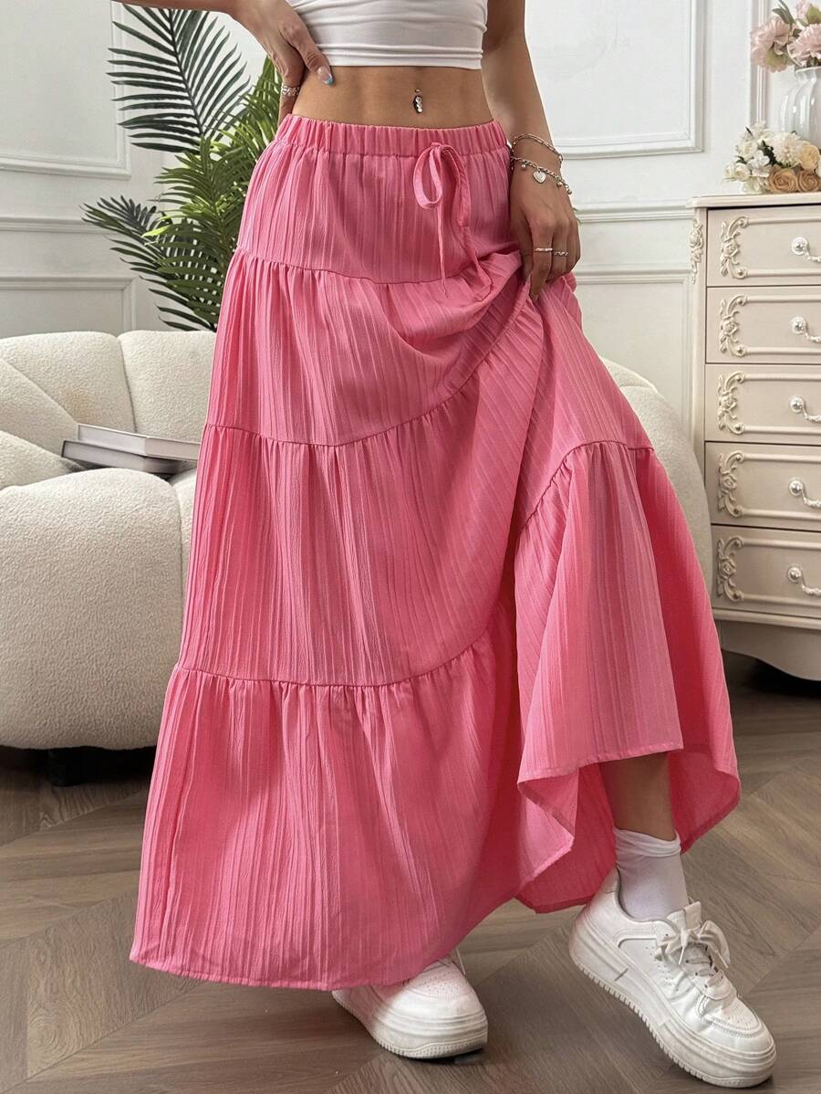 MainGRL Women Solid Color High Waist Tie Ruffled Hem Maxi Skirt