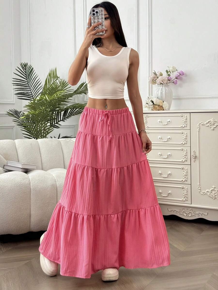 MainGRL Women Solid Color High Waist Tie Ruffled Hem Maxi Skirt