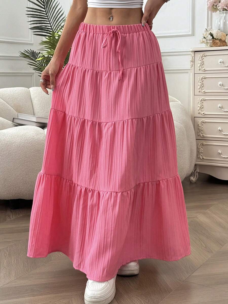 MainGRL Women Solid Color High Waist Tie Ruffled Hem Maxi Skirt