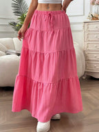 MainGRL Women Solid Color High Waist Tie Ruffled Hem Maxi Skirt