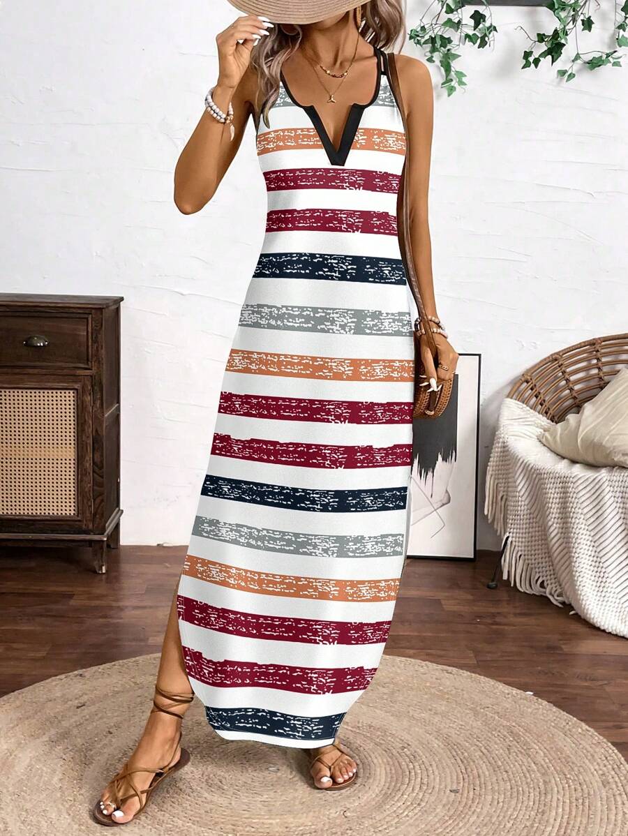 Breezaya Vertical Striped Multi-Colored Spaghetti Strap Dress Maxi Women Outfit