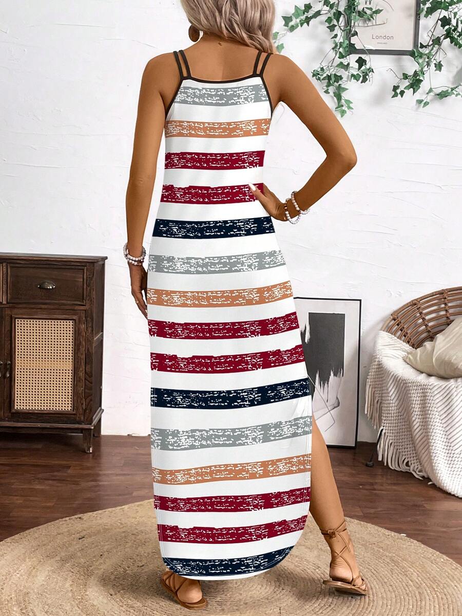 Breezaya Vertical Striped Multi-Colored Spaghetti Strap Dress Maxi Women Outfit