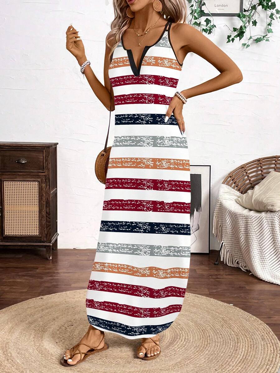 Breezaya Vertical Striped Multi-Colored Spaghetti Strap Dress Maxi Women Outfit