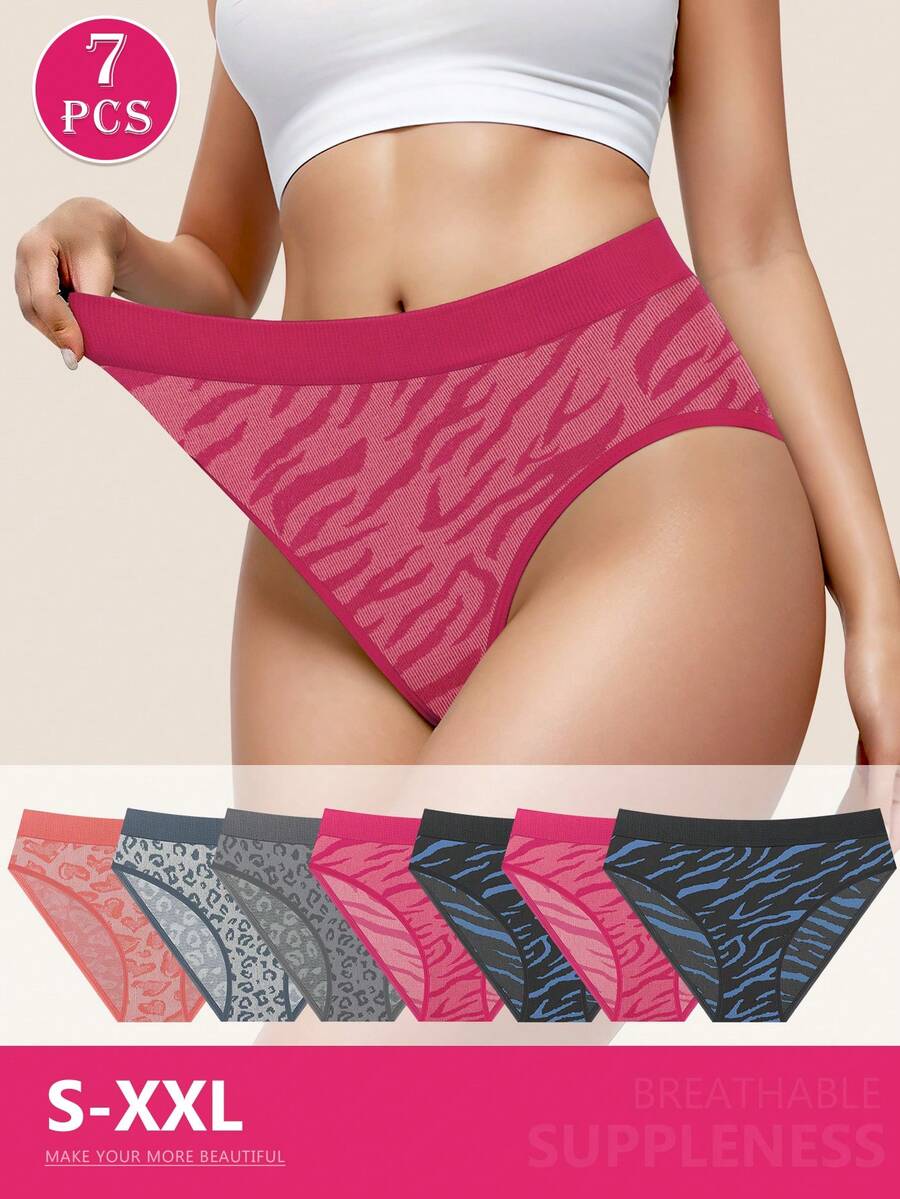 MEIYATING 7pcs Women Leopard Print Seamless Briefs, Low Waist Underwear With High Elasticity, Comfortable And Skin-Friendly