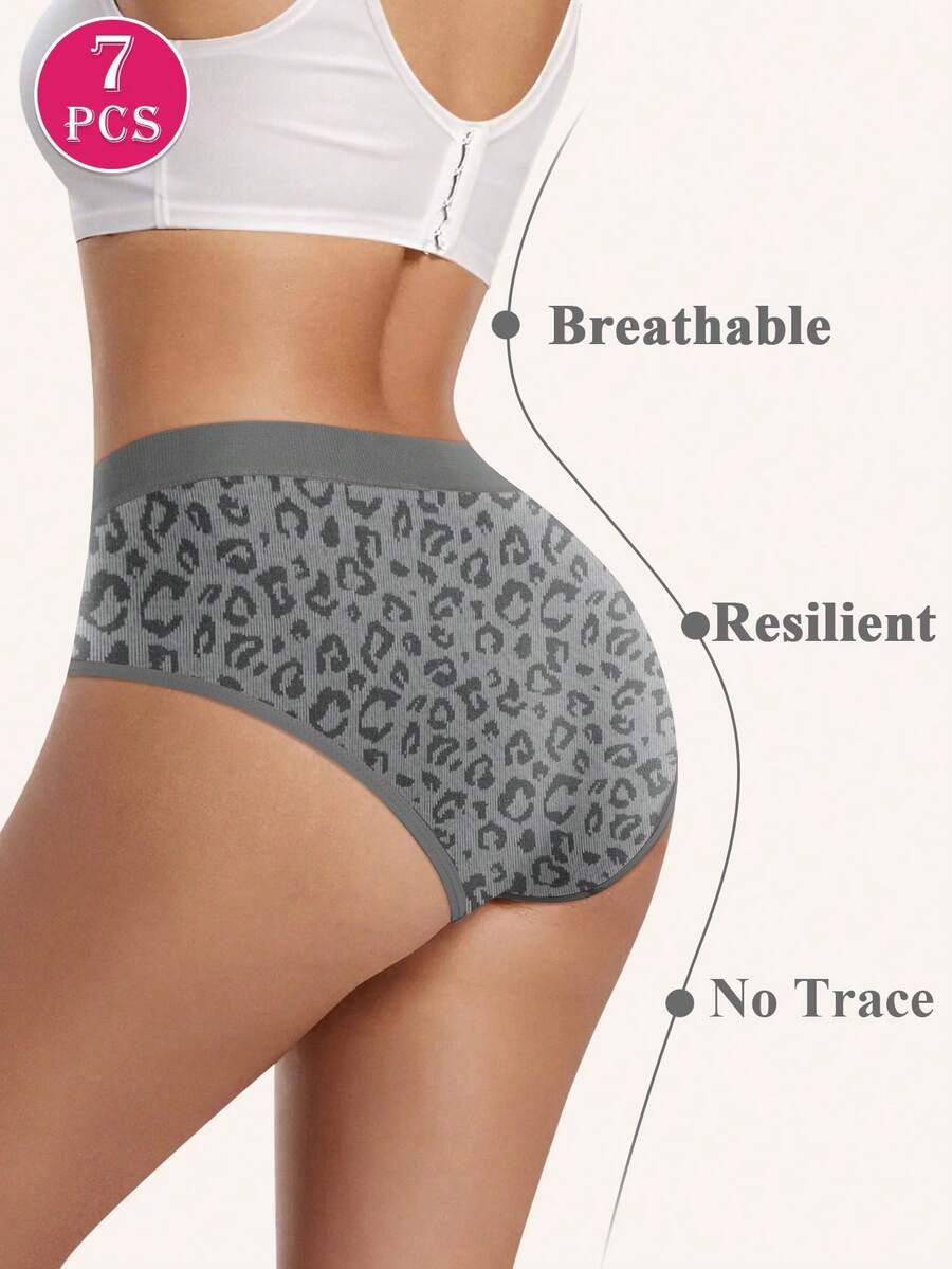 MEIYATING 7pcs Women Leopard Print Seamless Briefs, Low Waist Underwear With High Elasticity, Comfortable And Skin-Friendly