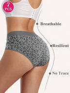 MEIYATING 7pcs Women Leopard Print Seamless Briefs, Low Waist Underwear With High Elasticity, Comfortable And Skin-Friendly