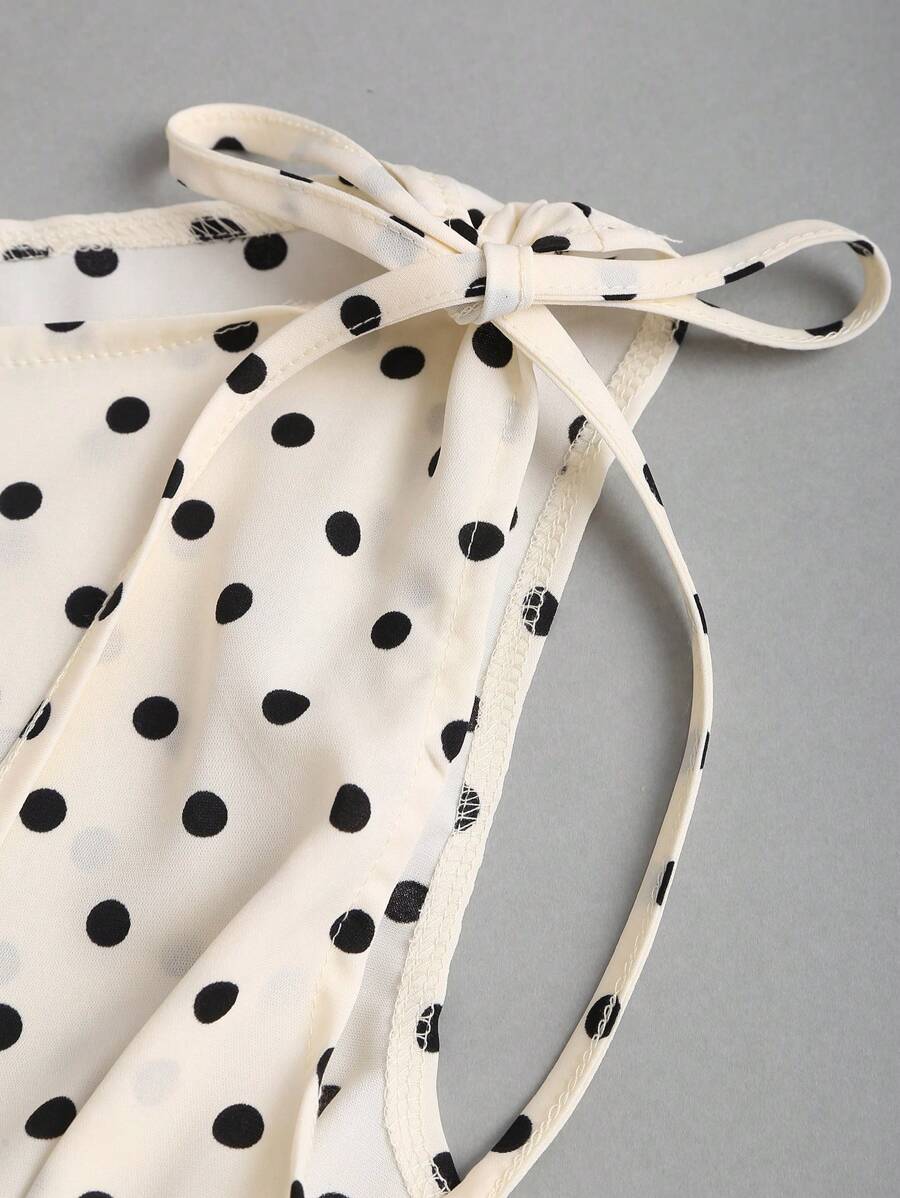 Sweetra Women's Elegant French Style Polka Dot Bow Shoulder Tie Waist Slim Fit Casual Versatile Tank Top, Spring/Summer