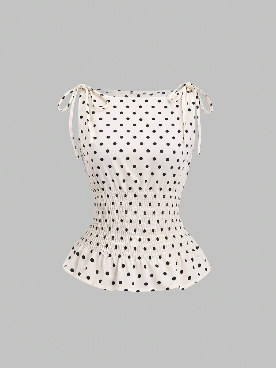 Sweetra Women's Elegant French Style Polka Dot Bow Shoulder Tie Waist Slim Fit Casual Versatile Tank Top, Spring/Summer