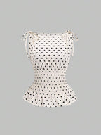 Sweetra Women's Elegant French Style Polka Dot Bow Shoulder Tie Waist Slim Fit Casual Versatile Tank Top, Spring/Summer