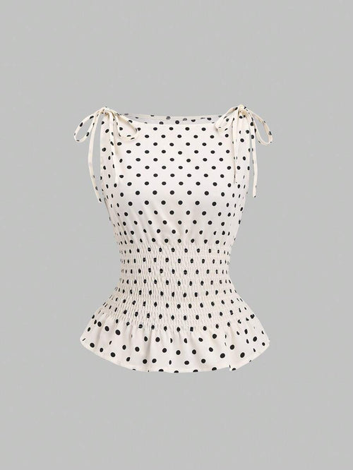 Sweetra Women's Elegant French Style Polka Dot Bow Shoulder Tie Waist Slim Fit Casual Versatile Tank Top, Spring/Summer