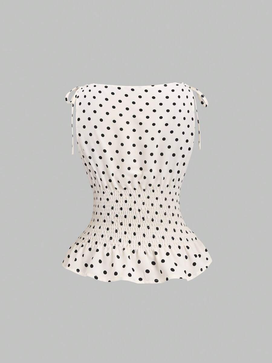 Sweetra Women's Elegant French Style Polka Dot Bow Shoulder Tie Waist Slim Fit Casual Versatile Tank Top, Spring/Summer