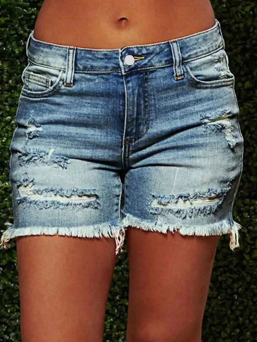Women's Summer Fashionable Cutting-Edge Distressed Frayed Edge Stretch Denim Shorts