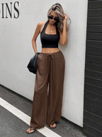 Siren Gaze Women Linen Low-Waist Straight Leg Casual Pants, Summer Holiday Style Business Casual Woman,Linen Pants Black