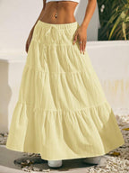 MainGRL Women Solid Color High Waist Tie Ruffled Hem Maxi Skirt
