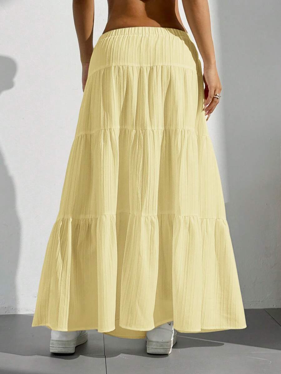 MainGRL Women Solid Color High Waist Tie Ruffled Hem Maxi Skirt