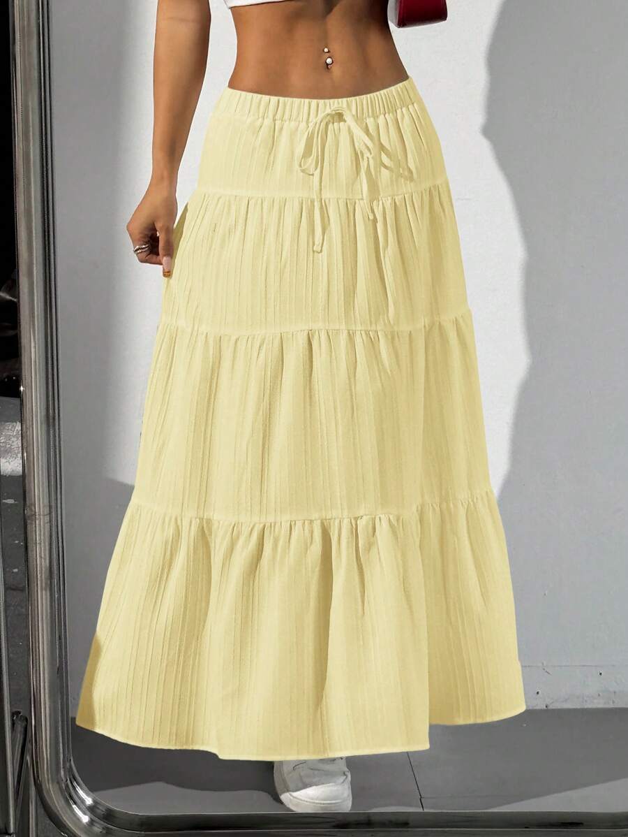 MainGRL Women Solid Color High Waist Tie Ruffled Hem Maxi Skirt