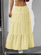 MainGRL Women Solid Color High Waist Tie Ruffled Hem Maxi Skirt