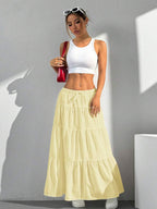 MainGRL Women Solid Color High Waist Tie Ruffled Hem Maxi Skirt