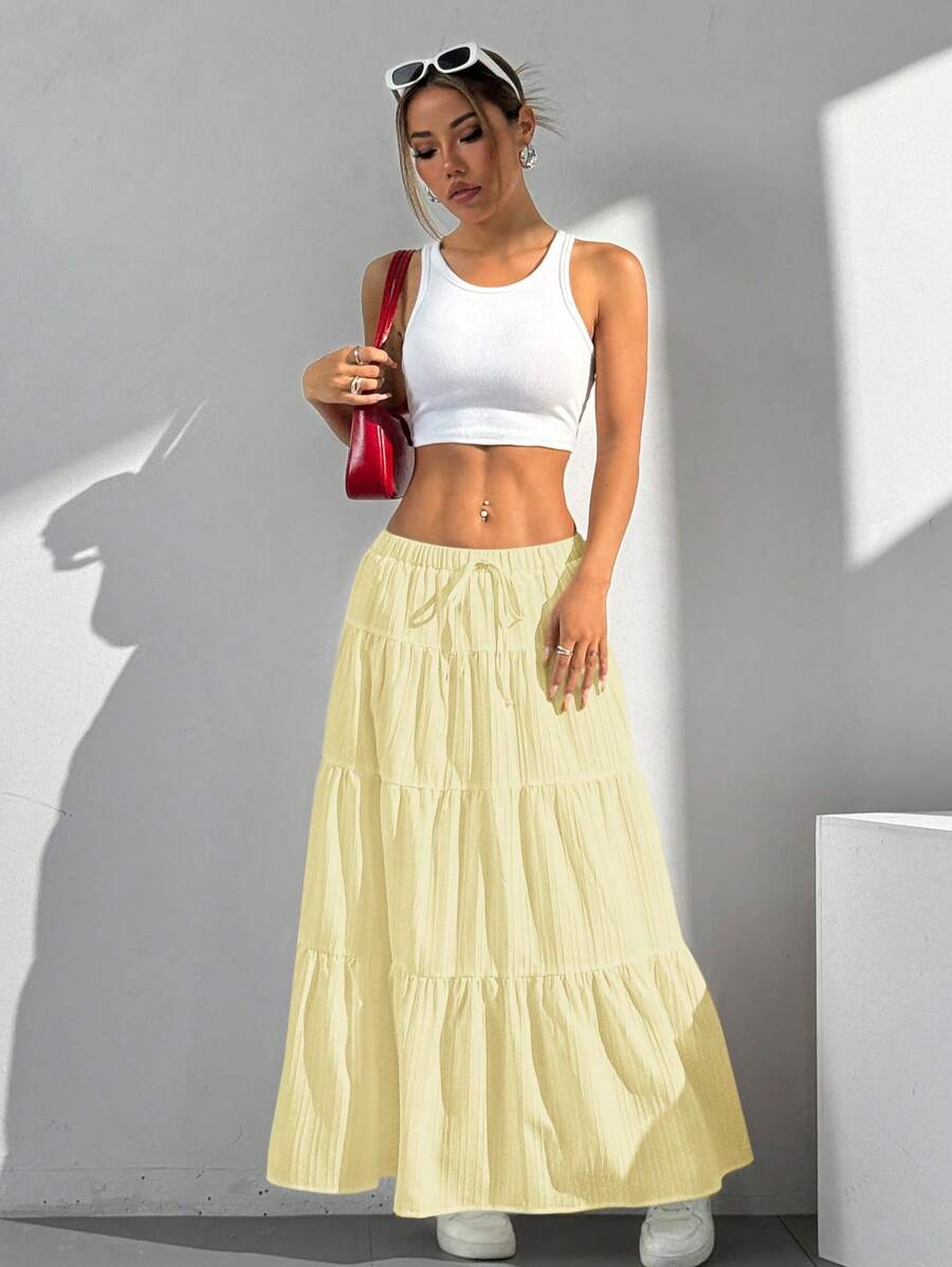 MainGRL Women Solid Color High Waist Tie Ruffled Hem Maxi Skirt