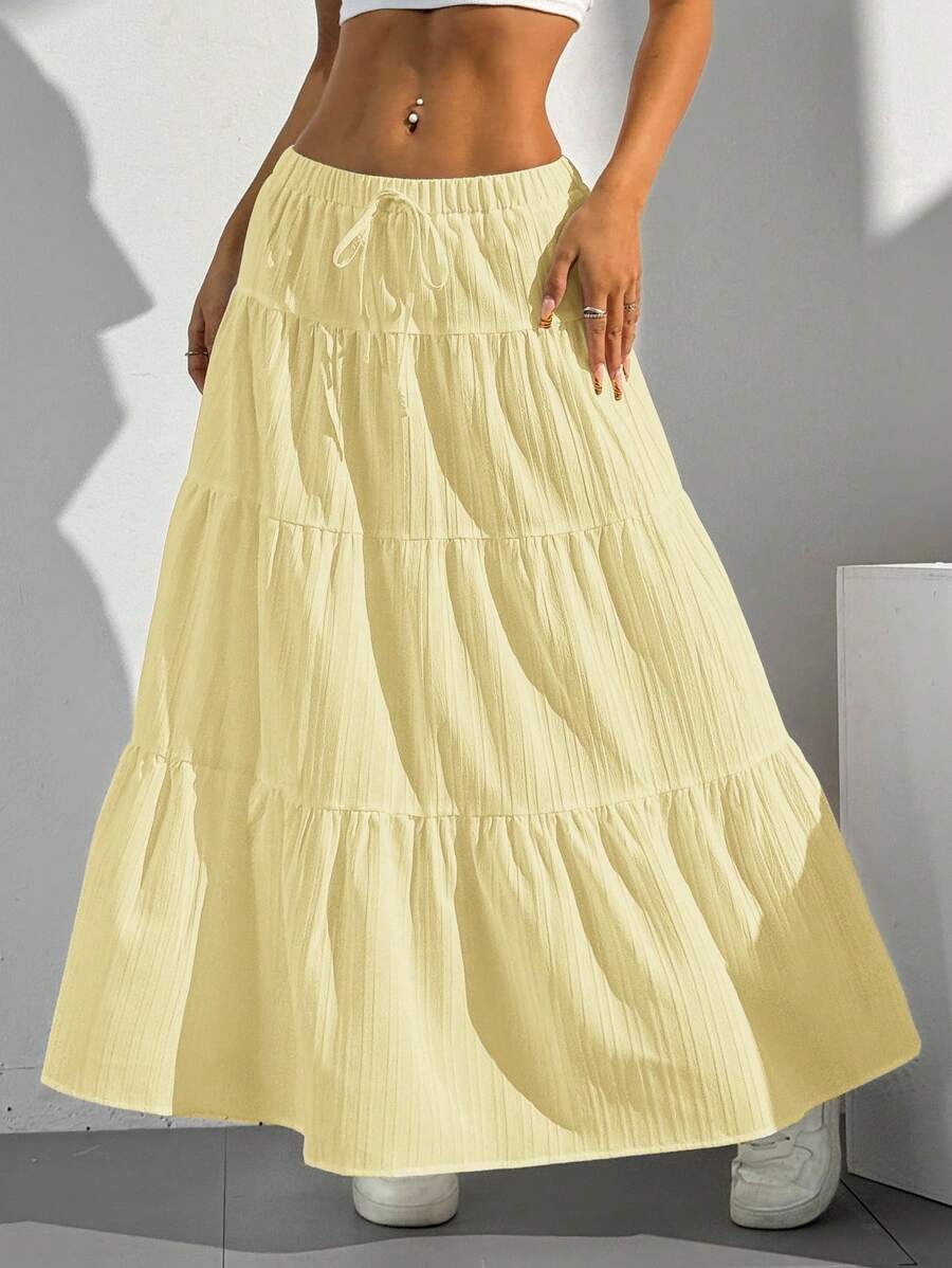 MainGRL Women Solid Color High Waist Tie Ruffled Hem Maxi Skirt
