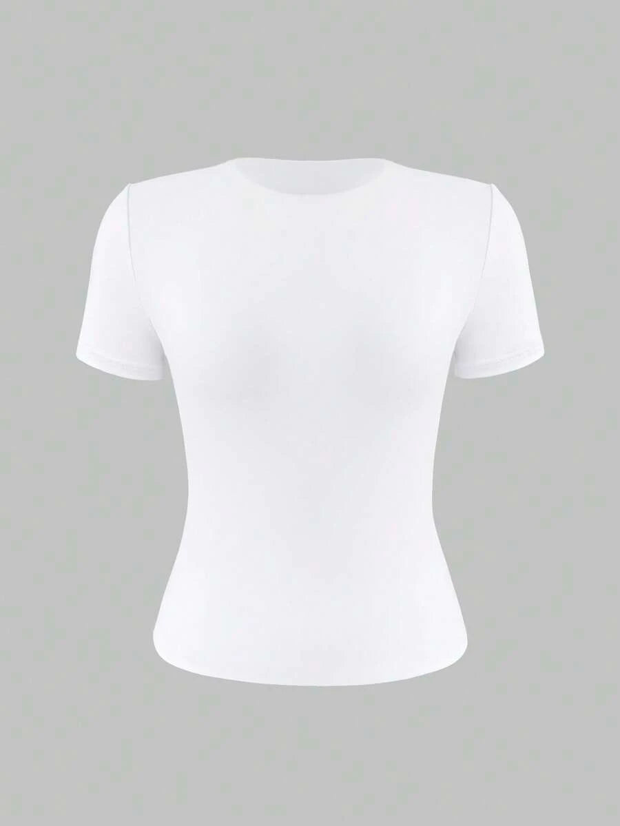 XLLAIS 2025 Model Black Short Sleeve Crew Neck Solid Color Basic Fitted Casual T-Shirt For Women, Summer