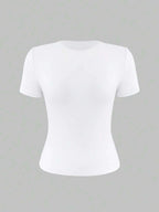 XLLAIS 2025 Model Black Short Sleeve Crew Neck Solid Color Basic Fitted Casual T-Shirt For Women, Summer