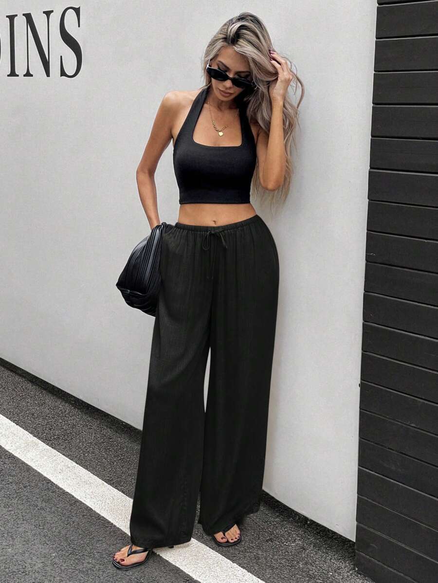 Siren Gaze Women Linen Low-Waist Straight Leg Casual Pants, Summer Holiday Style Business Casual Woman,Linen Pants Black