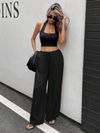 Siren Gaze Women Linen Low-Waist Straight Leg Casual Pants, Summer Holiday Style Business Casual Woman,Linen Pants Black