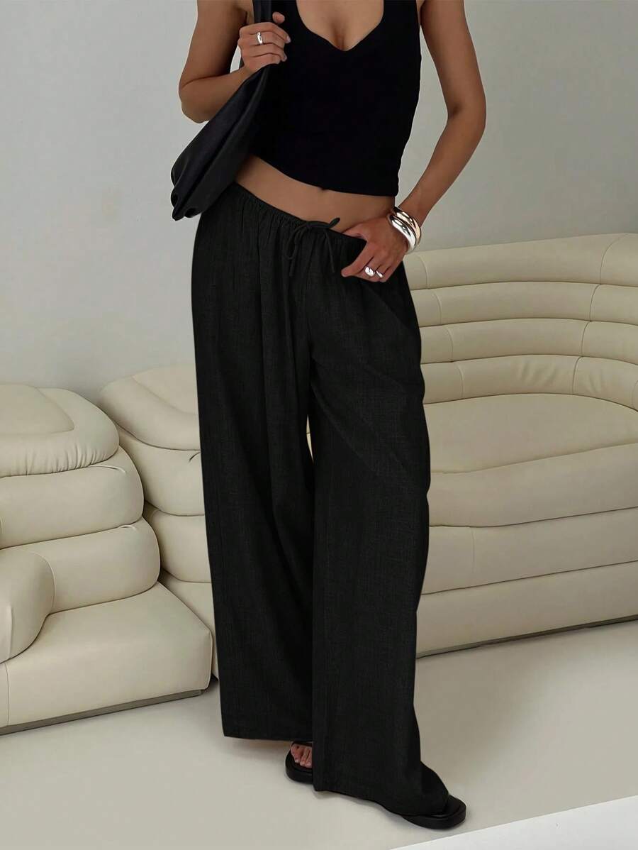 Siren Gaze Women Linen Low-Waist Straight Leg Casual Pants, Summer Holiday Style Business Casual Woman,Linen Pants Black