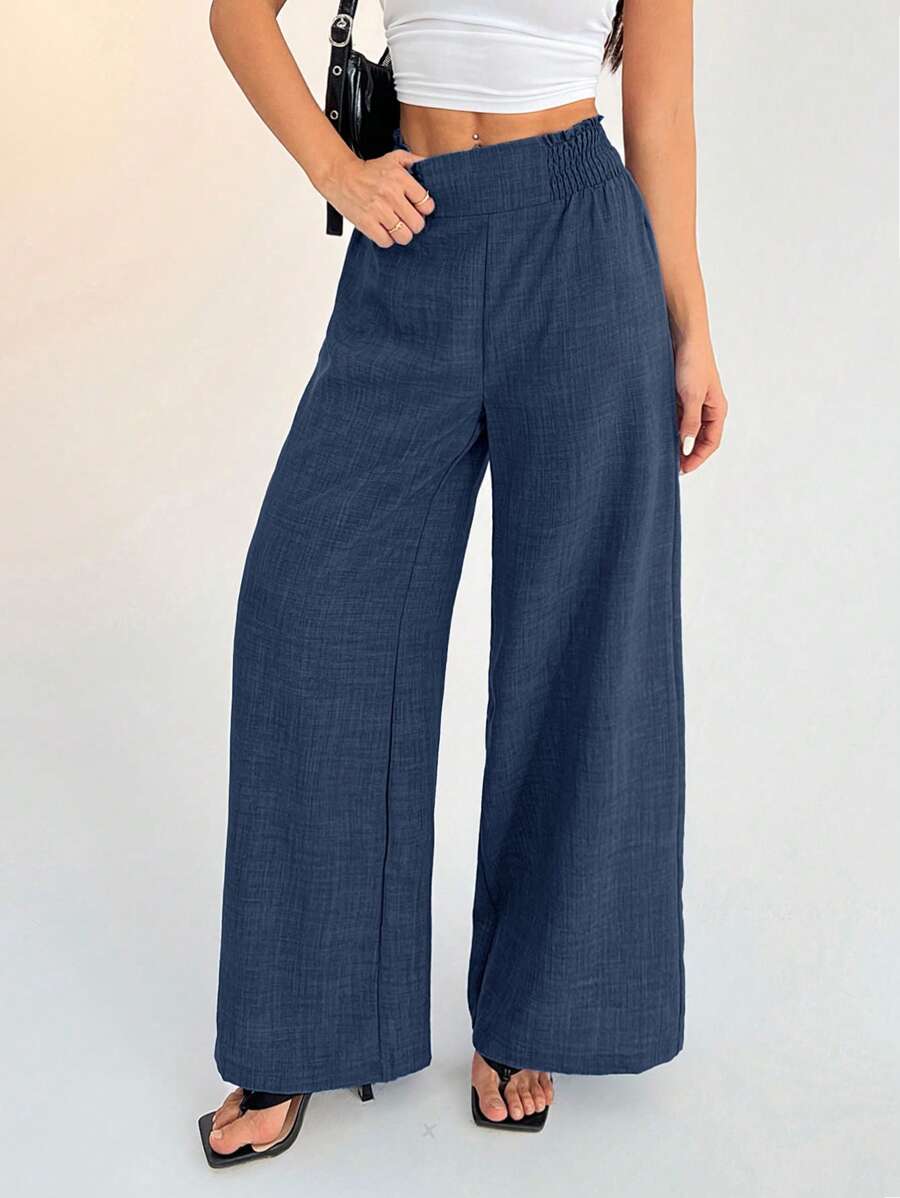 SHEIN PETITE Women's Casual Vacation Waistband Blue Wide Leg Pants Work Pants