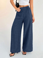 SHEIN PETITE Women's Casual Vacation Waistband Blue Wide Leg Pants Work Pants